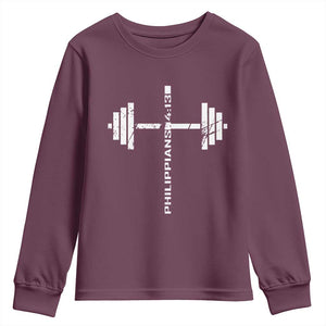 Christian Bible Gym Youth Sweatshirt Jesus Weightlifter Workout Faith Philippians 4 13 TS11 Maroon Print Your Wear