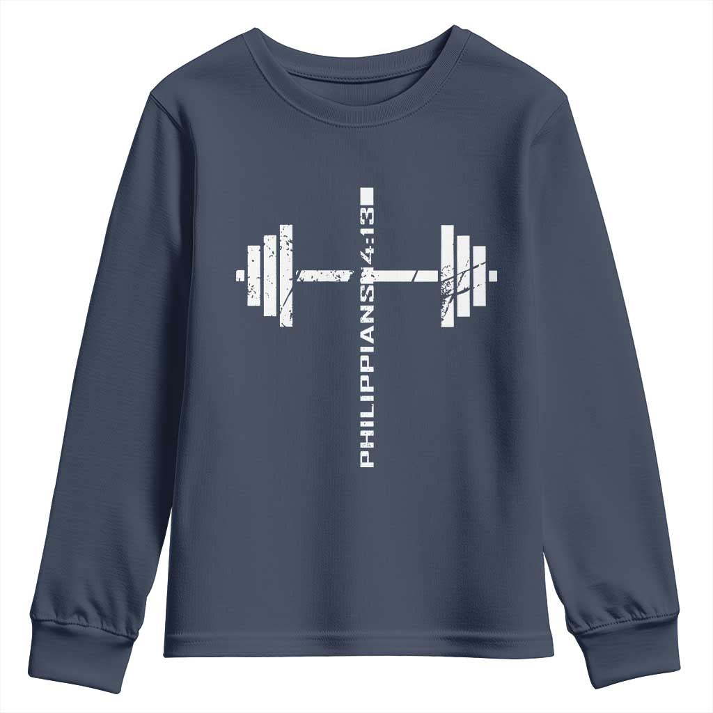 Christian Bible Gym Youth Sweatshirt Jesus Weightlifter Workout Faith Philippians 4 13 TS11 Navy Print Your Wear