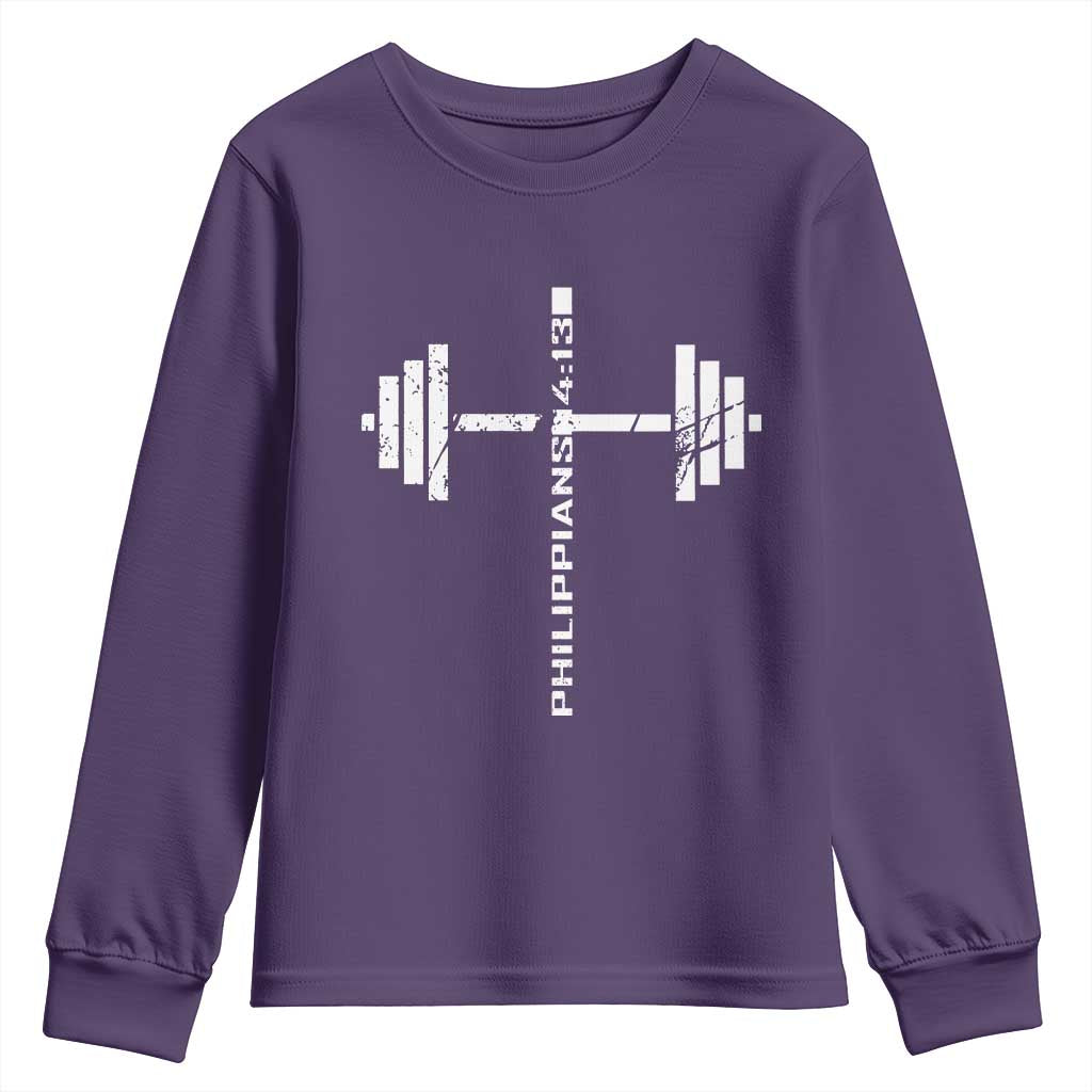 Christian Bible Gym Youth Sweatshirt Jesus Weightlifter Workout Faith Philippians 4 13 TS11 Purple Print Your Wear