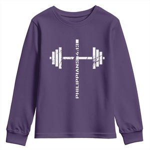 Christian Bible Gym Youth Sweatshirt Jesus Weightlifter Workout Faith Philippians 4 13 TS11 Purple Print Your Wear