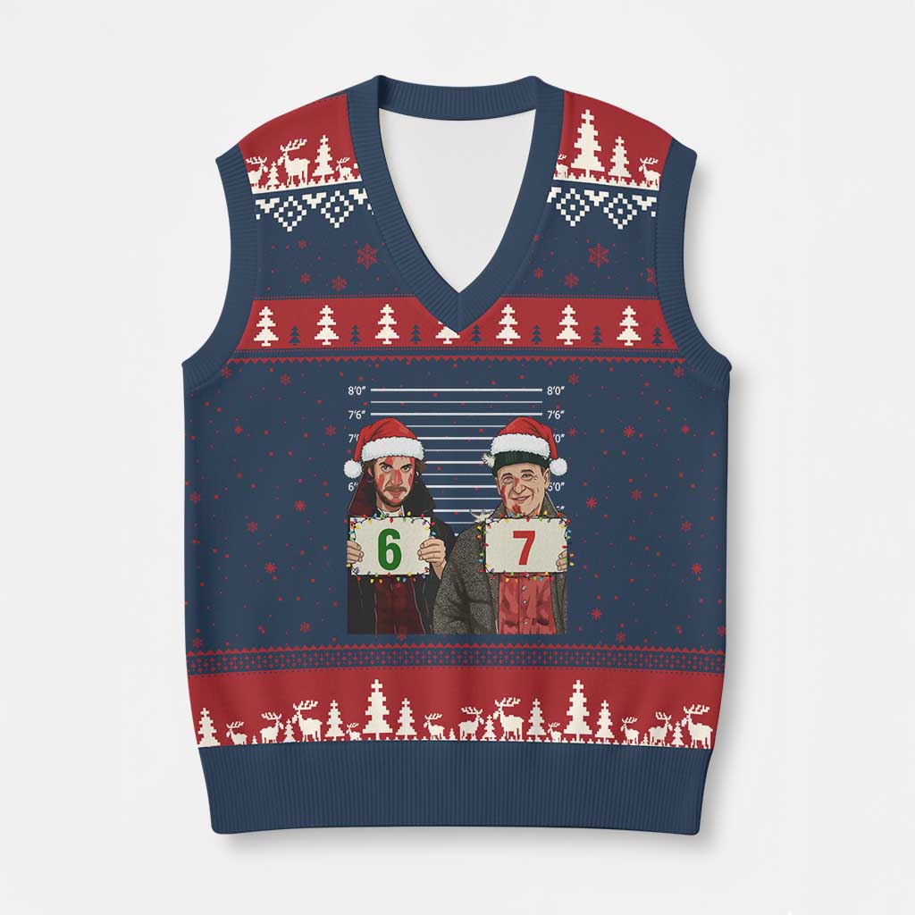 Funny 67 Xmas Movie V-Neck Knit Sweater Vest Six Seven Wet Bandits Home Xmas Alone TS11 Navy Red Print Your Wear