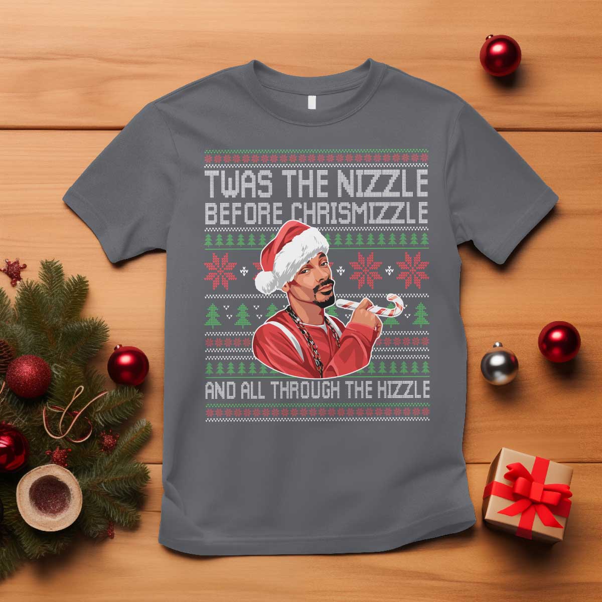 Funny Christmas Hip Hop Rap Gang T Shirt Twas The Nizzle Before Chrismizzle And All Through The Hizzle TS11 Charcoal Print Your Wear