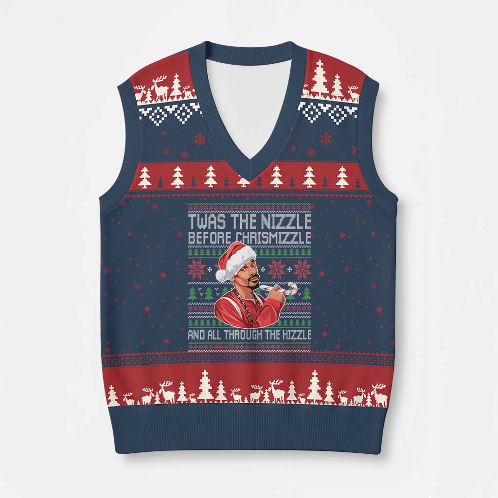 Funny Xmas Hip Hop Rap Gang V-Neck Knit Sweater Vest Twas The Nizzle Before Chrismizzle And All Through The Hizzle TS11 Navy Red Print Your Wear