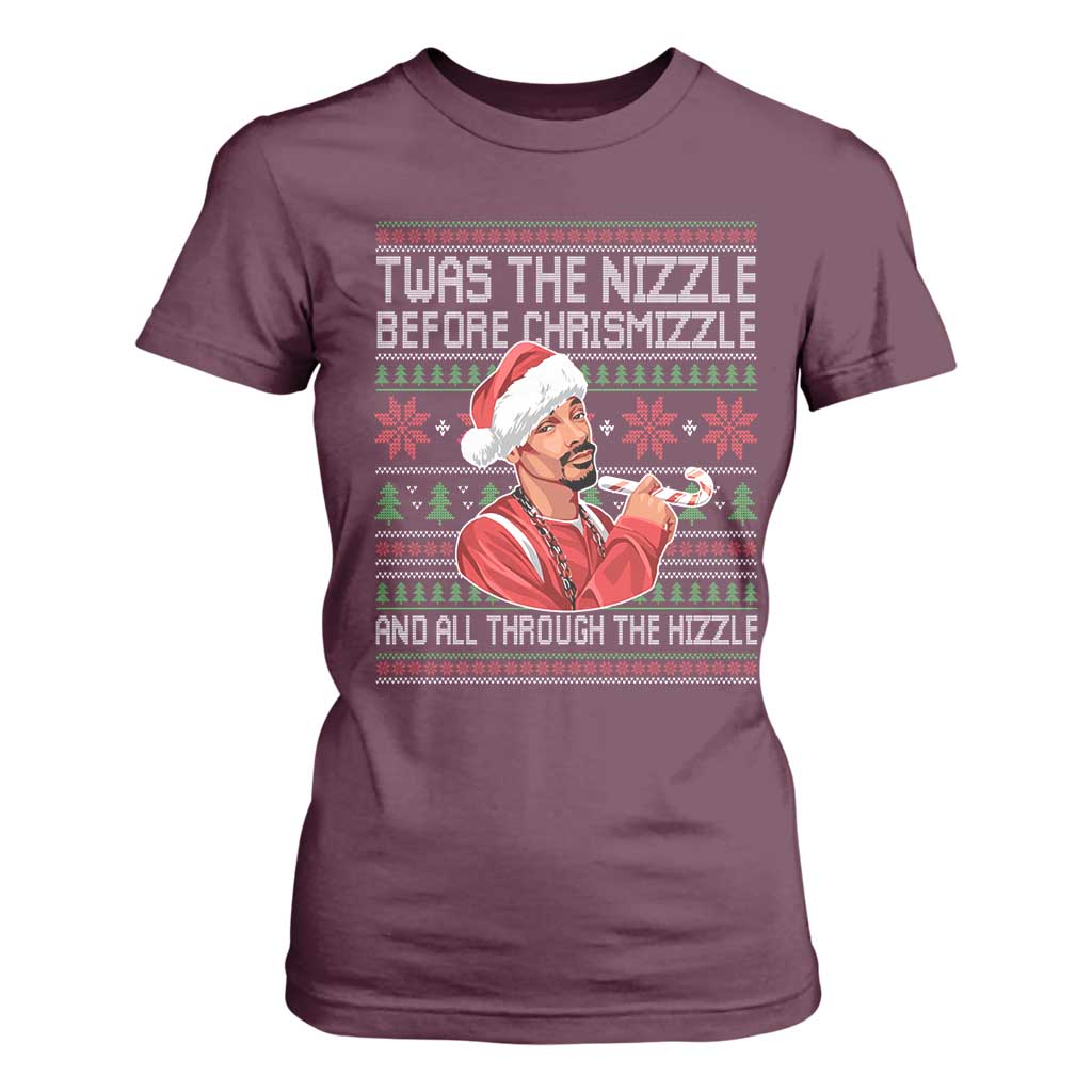 Funny Christmas Hip Hop Rap Gang T Shirt For Women Twas The Nizzle Before Chrismizzle And All Through The Hizzle TS11 Maroon Print Your Wear
