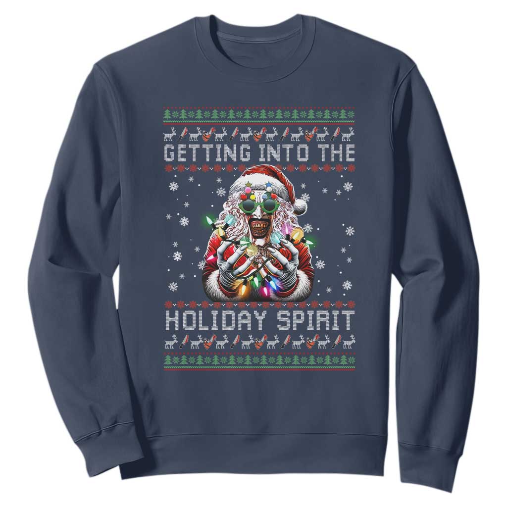 Funny Terrifier Christmas Santa Sweatshirt Getting Into The Holiday Spirit Horror Movie TS11 Navy Print Your Wear
