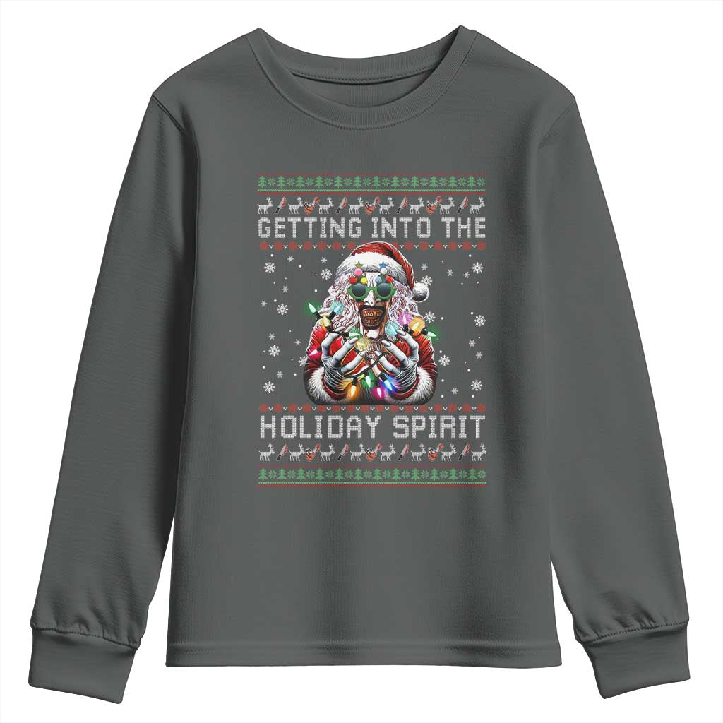 Funny Terrifier Christmas Santa Youth Sweatshirt Getting Into The Holiday Spirit Horror Movie TS11 Dark Heather Print Your Wear