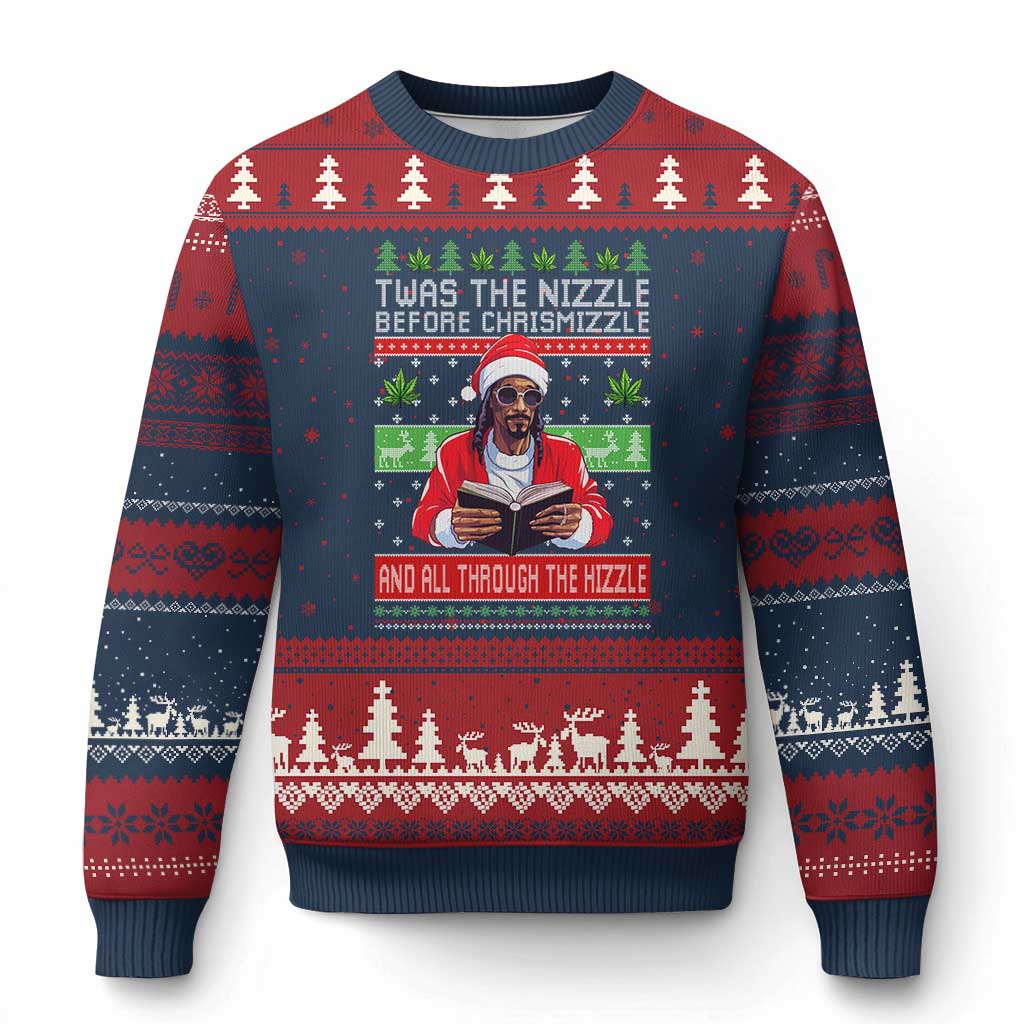 Funny Xmas Hip Hop Rap Gang Ugly Christmas Sweater Twas The Nizzle Before Chrismizzle And All Through The Hizzle Weed TS11 Navy Red Print Your Wear