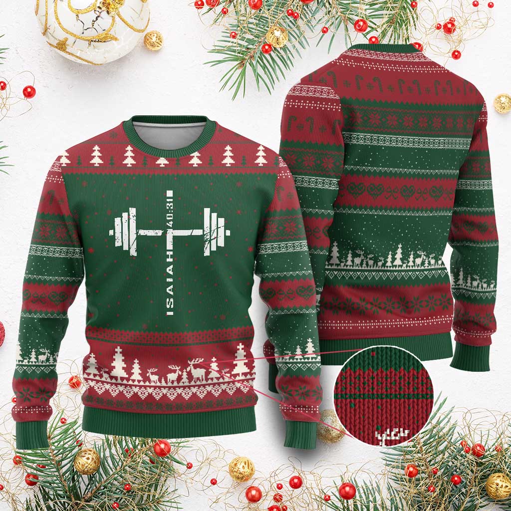 Christian Bible Gym Ugly Christmas Sweater Jesus Weightlifter Workout Faith Isaiah 40 31 TS11 Red Green Print Your Wear