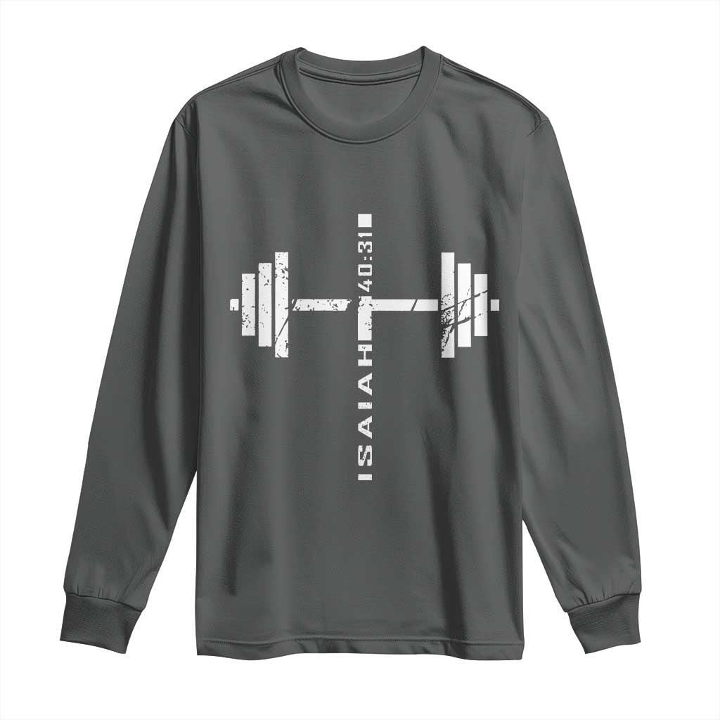 Christian Bible Gym Long Sleeve Shirt Jesus Weightlifter Workout Faith Isaiah 40 31 TS11 Dark Heather Print Your Wear