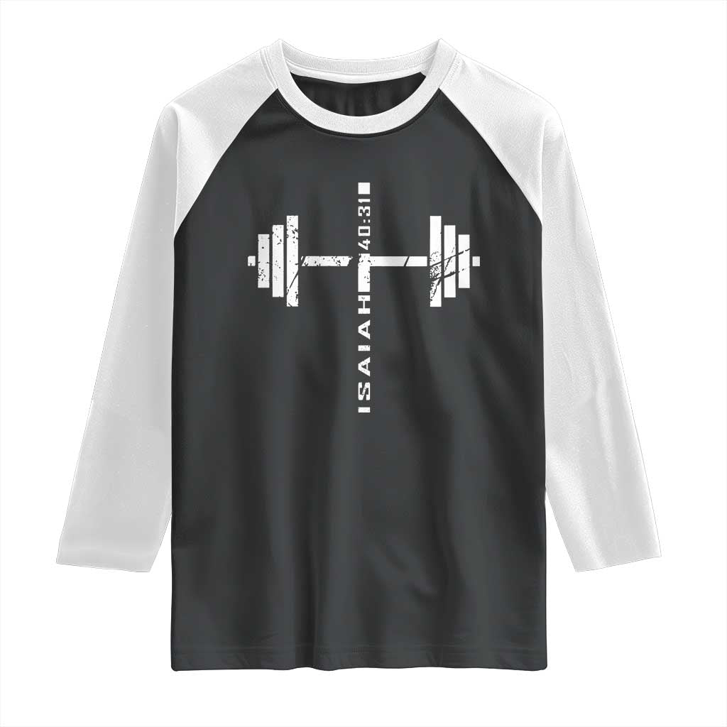 Christian Bible Gym Raglan Shirt Jesus Weightlifter Workout Faith Isaiah 40 31 TS11 Black White Print Your Wear