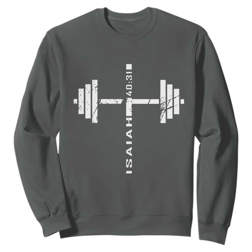 Christian Bible Gym Sweatshirt Jesus Weightlifter Workout Faith Isaiah 40 31 TS11 Dark Heather Print Your Wear