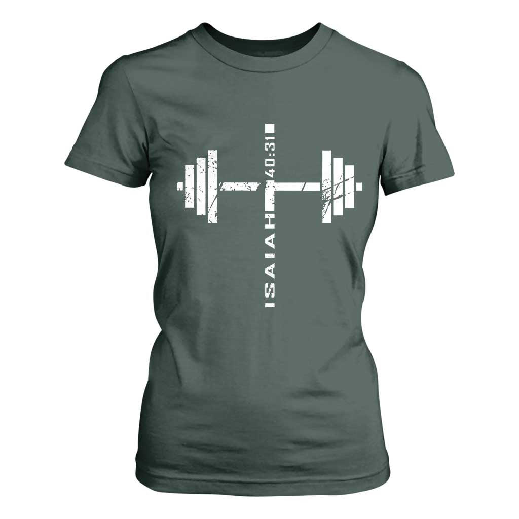 Christian Bible Gym T Shirt For Women Jesus Weightlifter Workout Faith Isaiah 40 31 TS11 Dark Forest Green Print Your Wear