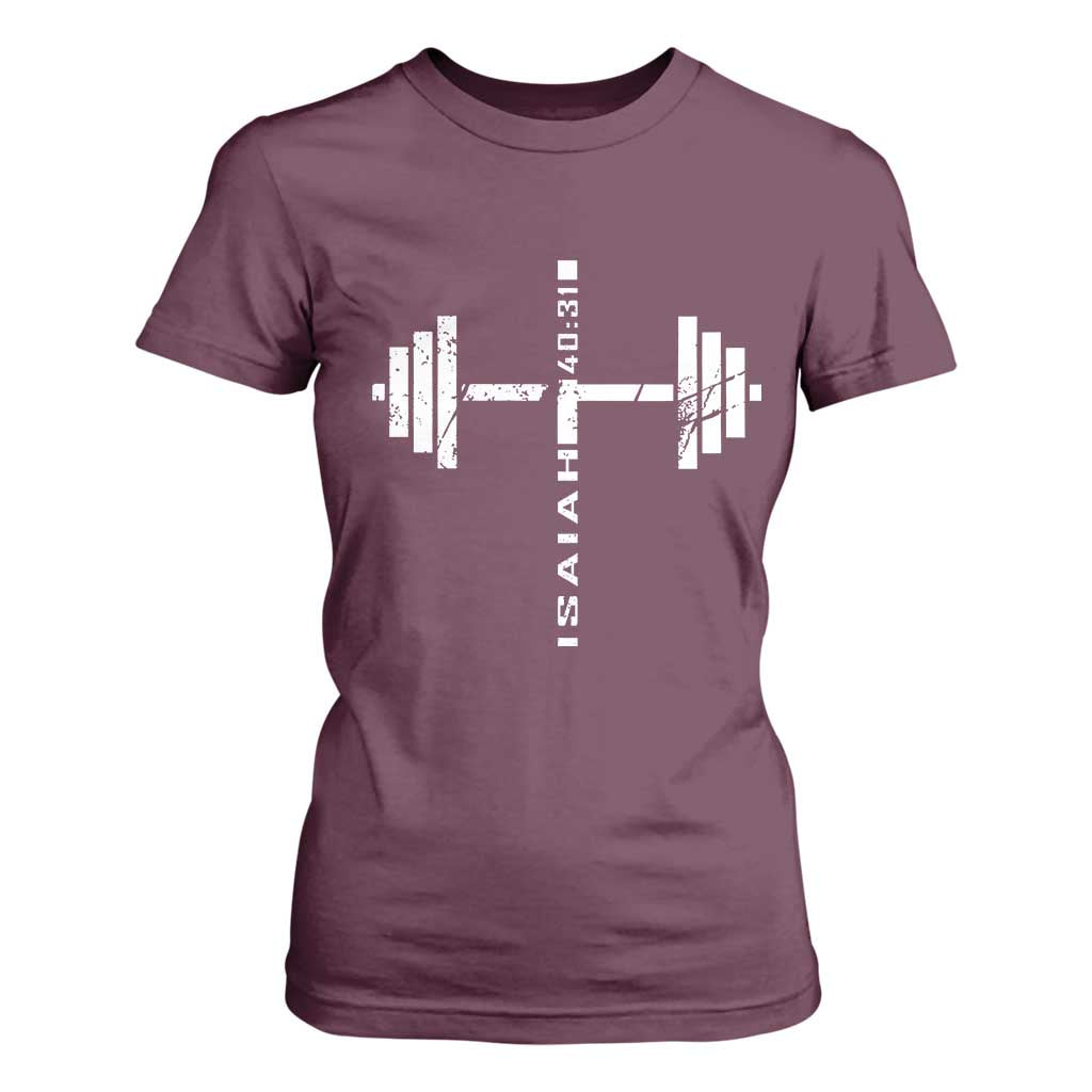 Christian Bible Gym T Shirt For Women Jesus Weightlifter Workout Faith Isaiah 40 31 TS11 Maroon Print Your Wear