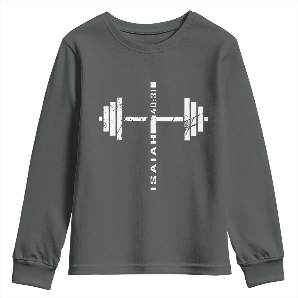 Christian Bible Gym Youth Sweatshirt Jesus Weightlifter Workout Faith Isaiah 40 31 TS11 Dark Heather Print Your Wear