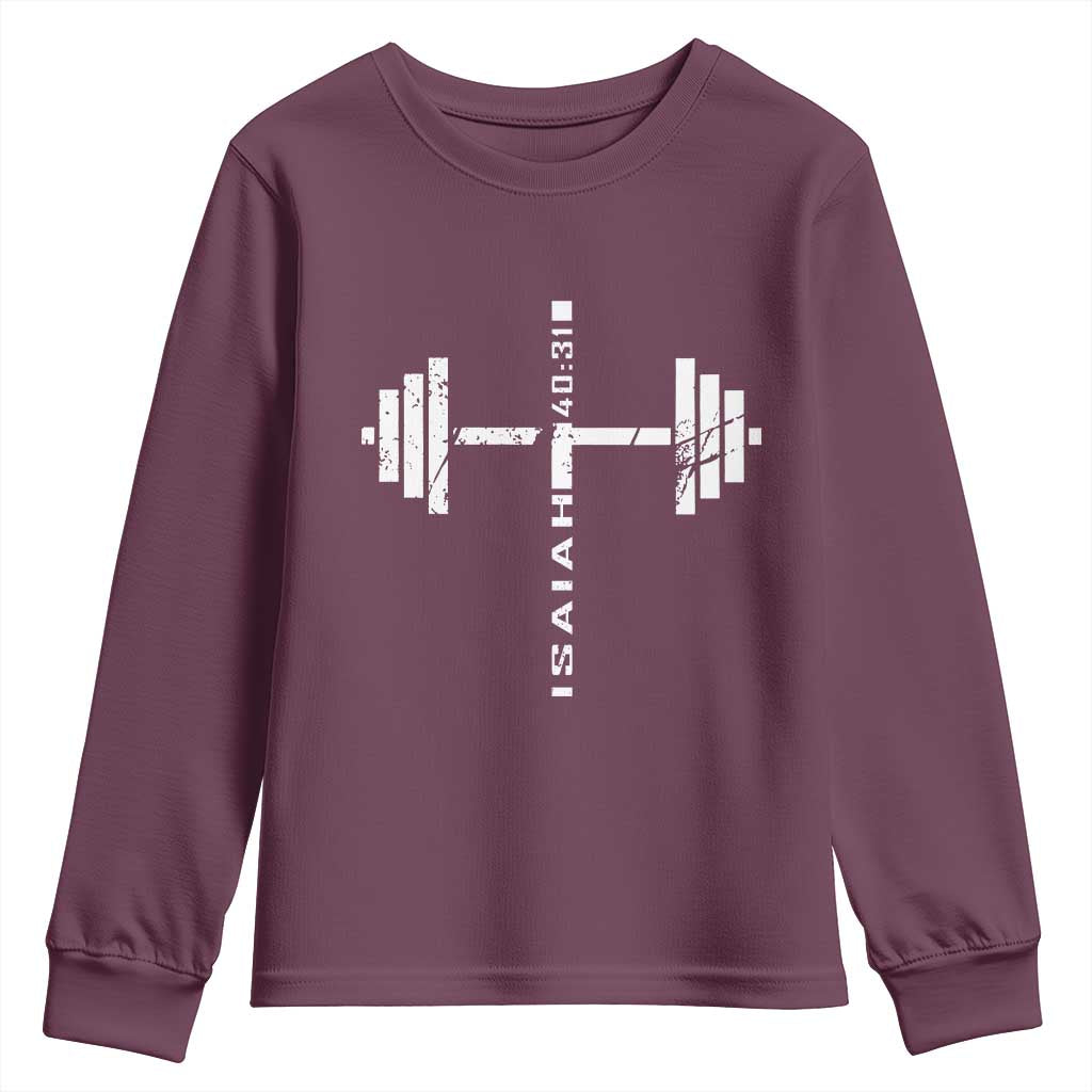 Christian Bible Gym Youth Sweatshirt Jesus Weightlifter Workout Faith Isaiah 40 31 TS11 Maroon Print Your Wear
