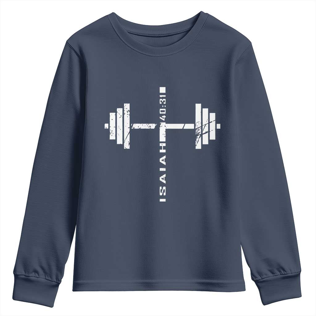 Christian Bible Gym Youth Sweatshirt Jesus Weightlifter Workout Faith Isaiah 40 31 TS11 Navy Print Your Wear