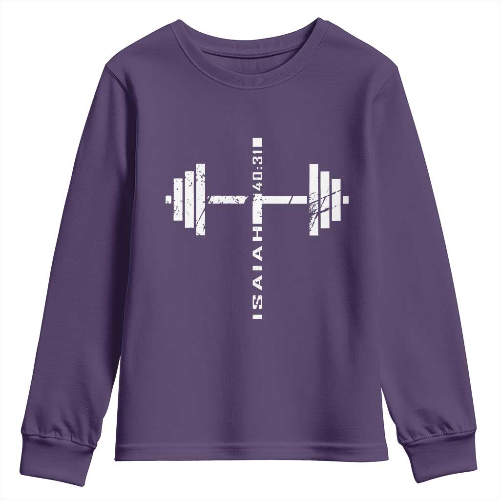 Christian Bible Gym Youth Sweatshirt Jesus Weightlifter Workout Faith Isaiah 40 31 TS11 Purple Print Your Wear