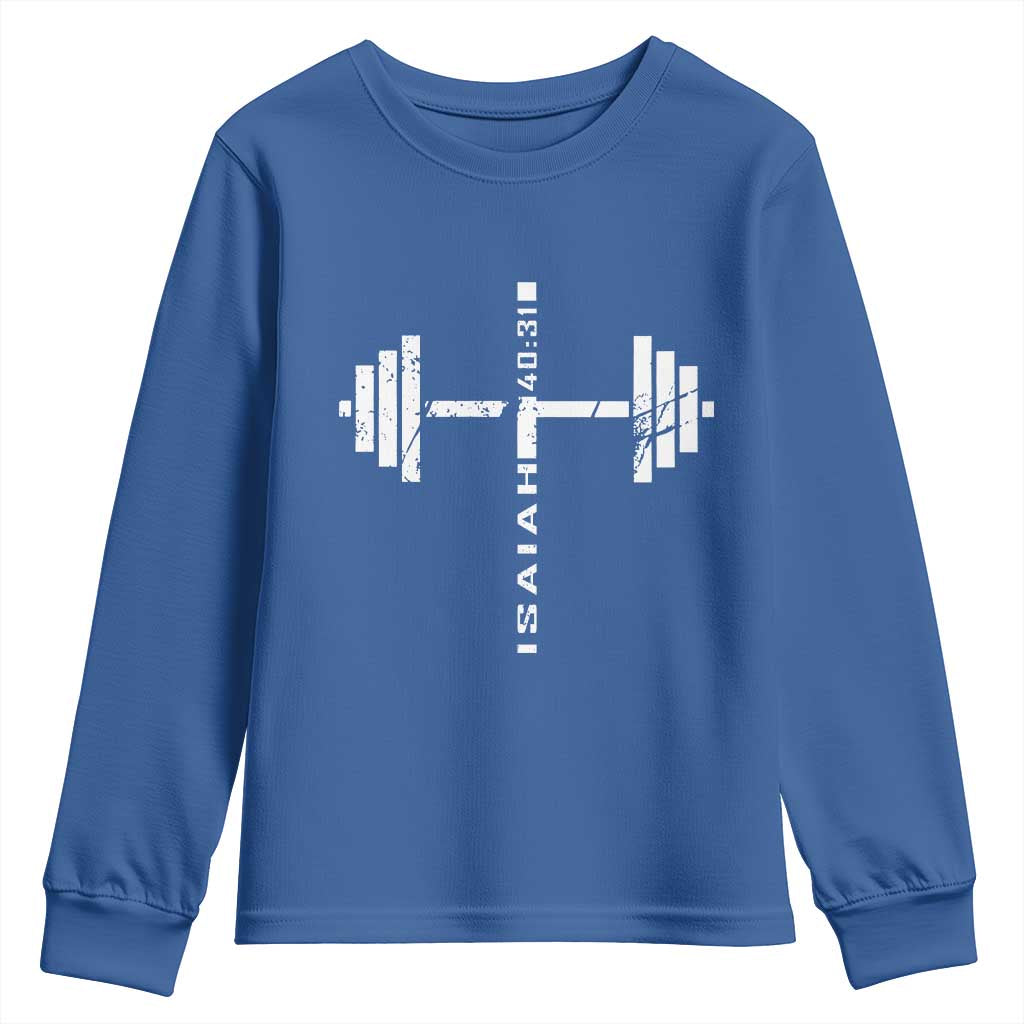 Christian Bible Gym Youth Sweatshirt Jesus Weightlifter Workout Faith Isaiah 40 31 TS11 Royal Blue Print Your Wear