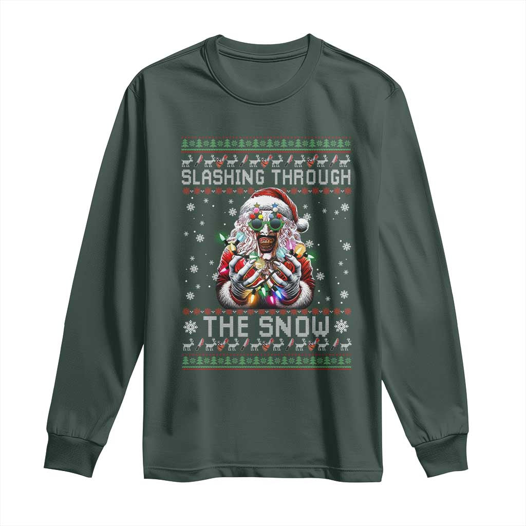 Funny Terrifier Christmas Santa Long Sleeve Shirt Slashing Through The Snow Xmas Horror Movie TS11 Dark Forest Green Print Your Wear