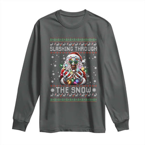 Funny Terrifier Christmas Santa Long Sleeve Shirt Slashing Through The Snow Xmas Horror Movie TS11 Dark Heather Print Your Wear