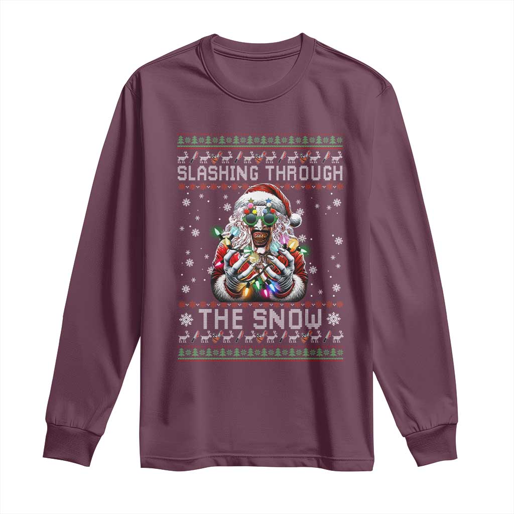 Funny Terrifier Christmas Santa Long Sleeve Shirt Slashing Through The Snow Xmas Horror Movie TS11 Maroon Print Your Wear