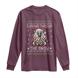Funny Terrifier Christmas Santa Long Sleeve Shirt Slashing Through The Snow Xmas Horror Movie TS11 Maroon Print Your Wear