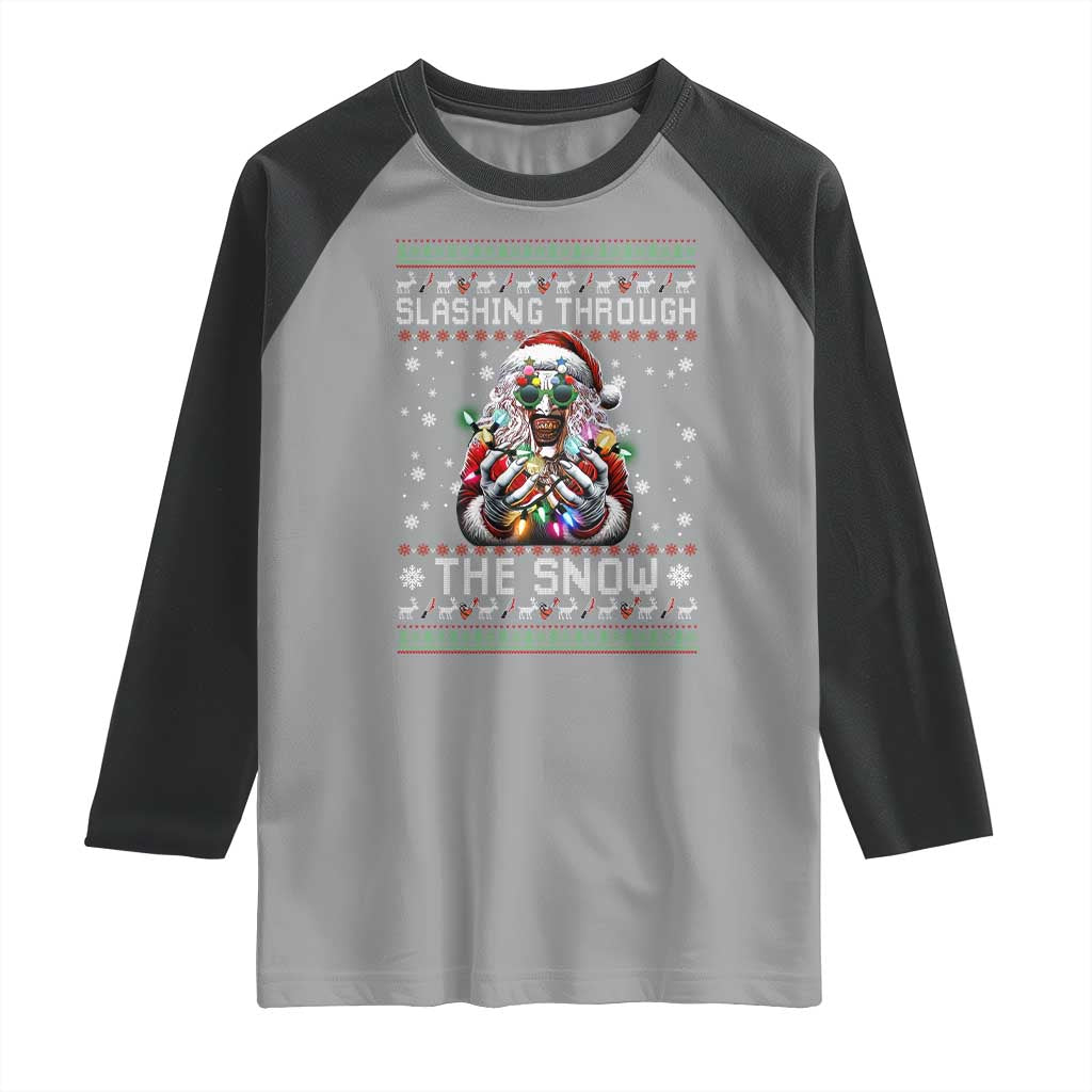 Funny Terrifier Christmas Santa Raglan Shirt Slashing Through The Snow Xmas Horror Movie TS11 Sport Gray Black Print Your Wear