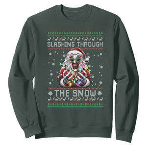 Funny Terrifier Christmas Santa Sweatshirt Slashing Through The Snow Xmas Horror Movie TS11 Dark Forest Green Print Your Wear