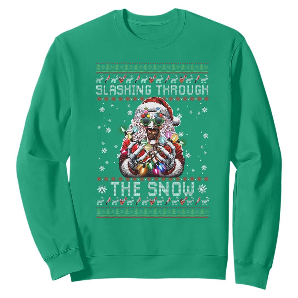 Funny Terrifier Christmas Santa Sweatshirt Slashing Through The Snow Xmas Horror Movie TS11 Irish Green Print Your Wear