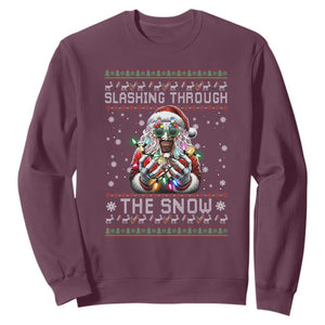 Funny Terrifier Christmas Santa Sweatshirt Slashing Through The Snow Xmas Horror Movie TS11 Maroon Print Your Wear