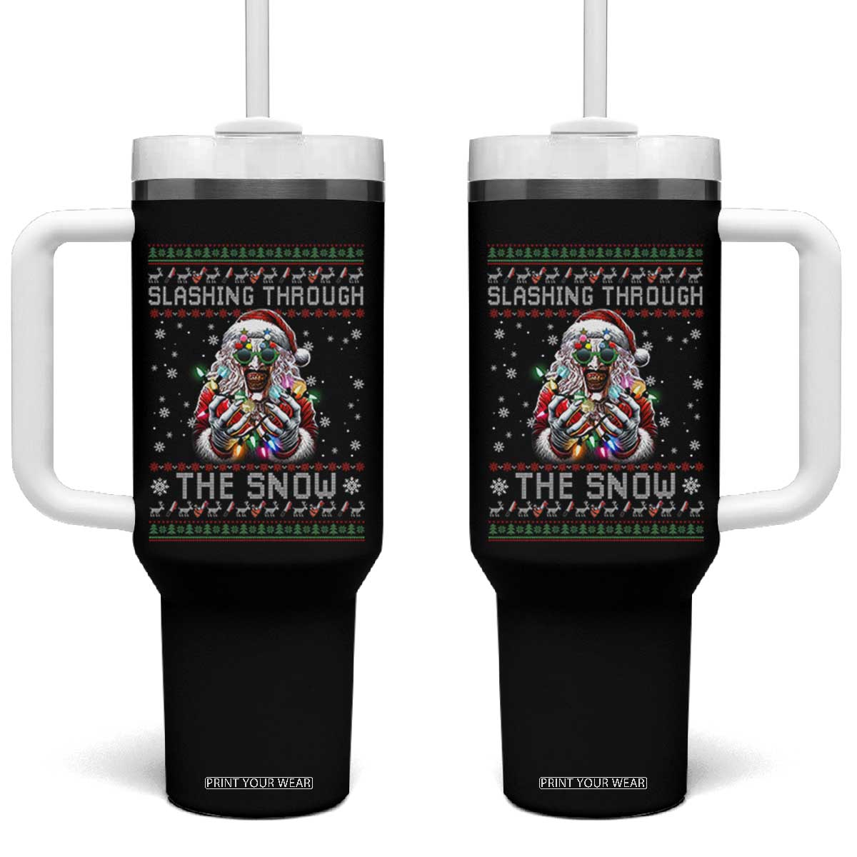 Funny Terrifier Christmas Santa Tumbler With Handle Slashing Through The Snow Xmas Horror Movie TS11 One Size: 40 oz Black Print Your Wear