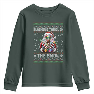 Funny Terrifier Christmas Santa Youth Sweatshirt Slashing Through The Snow Xmas Horror Movie TS11 Dark Forest Green Print Your Wear