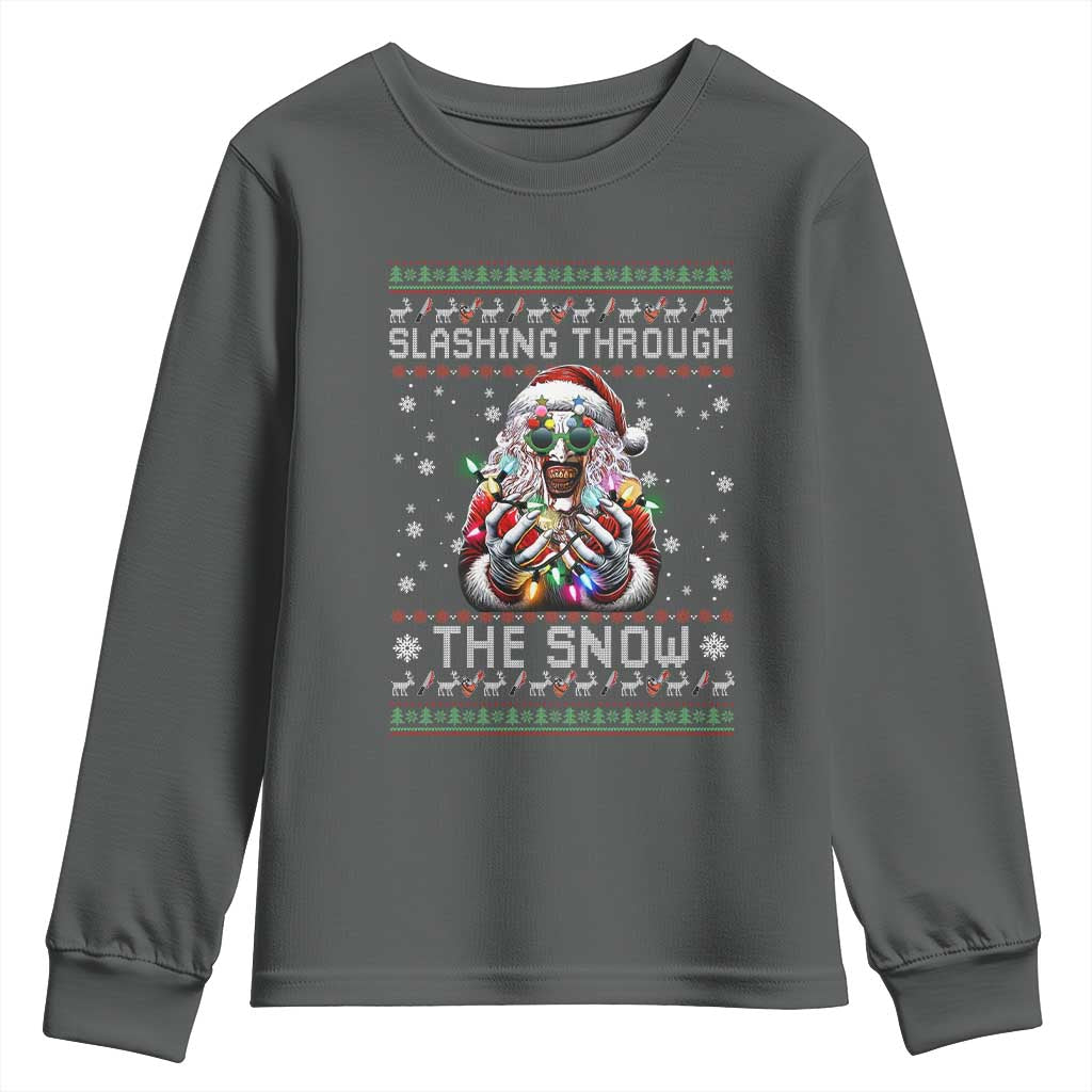 Funny Terrifier Christmas Santa Youth Sweatshirt Slashing Through The Snow Xmas Horror Movie TS11 Dark Heather Print Your Wear