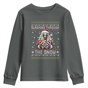 Funny Terrifier Christmas Santa Youth Sweatshirt Slashing Through The Snow Xmas Horror Movie TS11 Dark Heather Print Your Wear