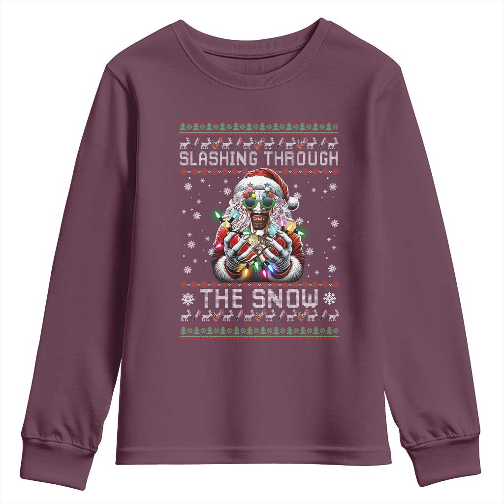 Funny Terrifier Christmas Santa Youth Sweatshirt Slashing Through The Snow Xmas Horror Movie TS11 Maroon Print Your Wear
