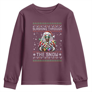 Funny Terrifier Christmas Santa Youth Sweatshirt Slashing Through The Snow Xmas Horror Movie TS11 Maroon Print Your Wear