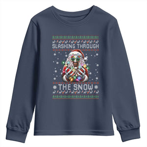 Funny Terrifier Christmas Santa Youth Sweatshirt Slashing Through The Snow Xmas Horror Movie TS11 Navy Print Your Wear