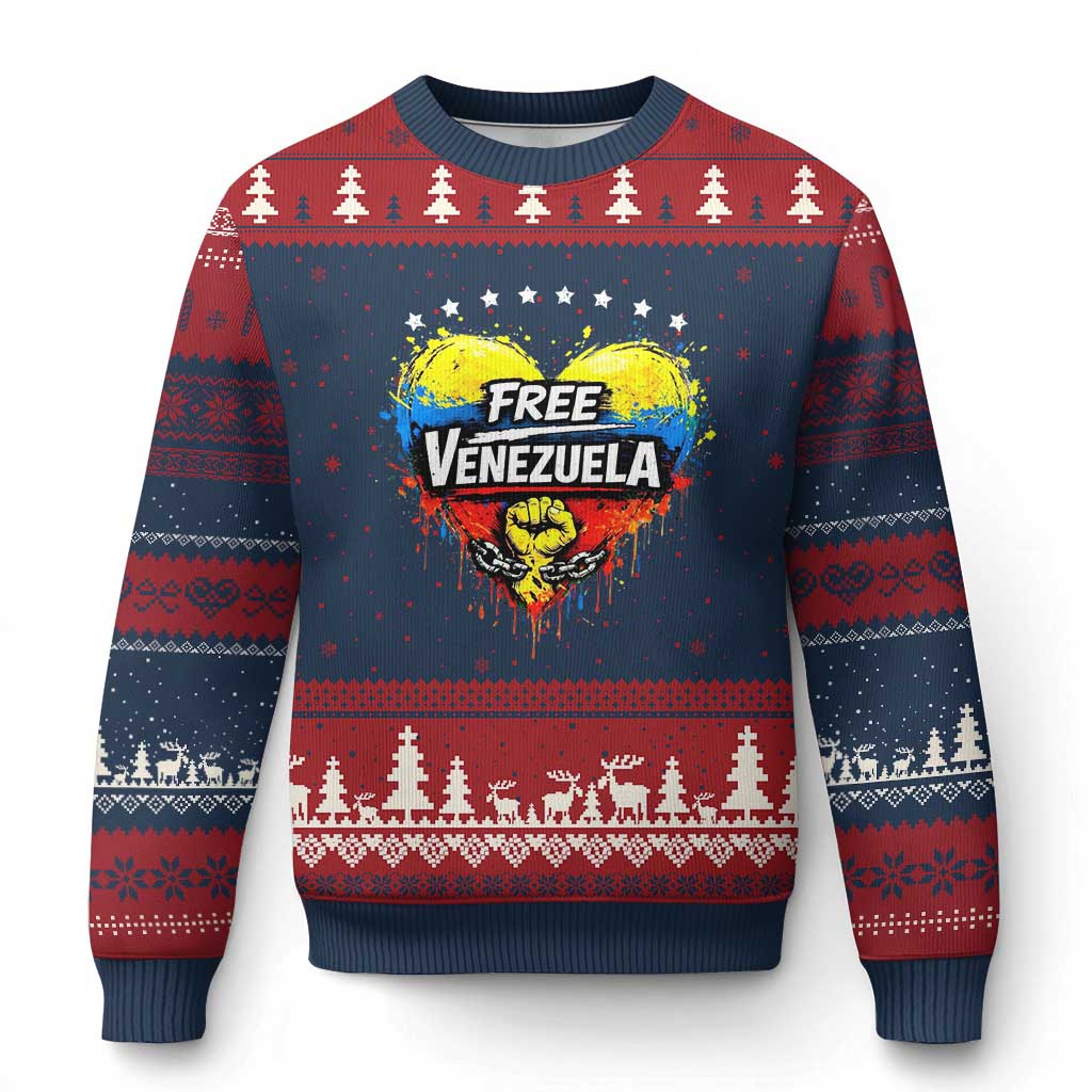Free Venezuela Ugly Christmas Sweater Freedom Venezuelan Flag Hand Fist Graphic TS11 Navy Red Print Your Wear