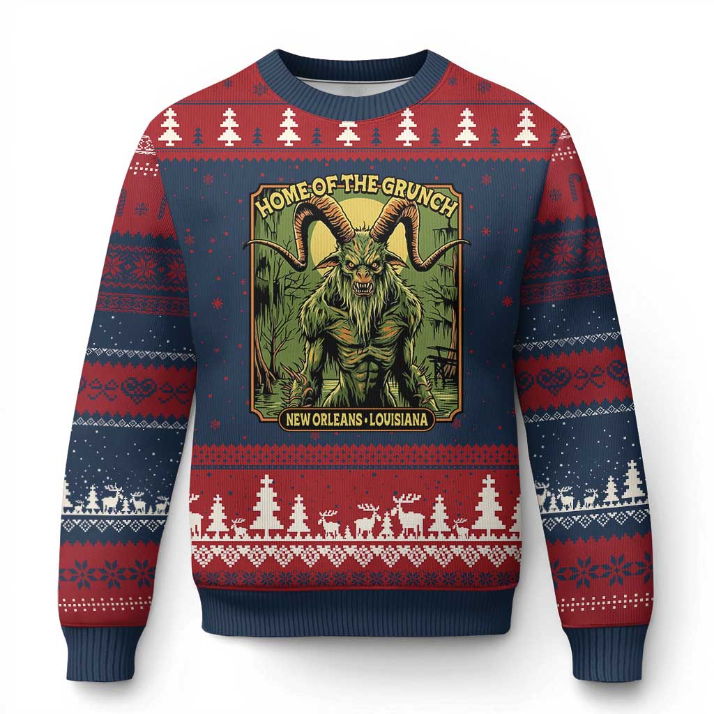 Grunch Road Monster Ugly Christmas Sweater Home Of The Grunch Nola Louisiana TS11 Navy Red Print Your Wear