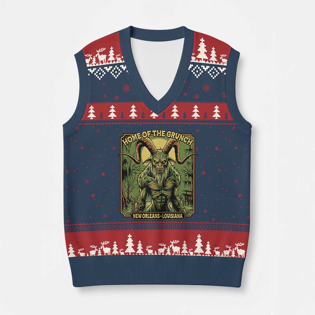 Grunch Road Monster V-Neck Knit Sweater Vest Home Of The Grunch Nola Louisiana TS11 Navy Red Print Your Wear