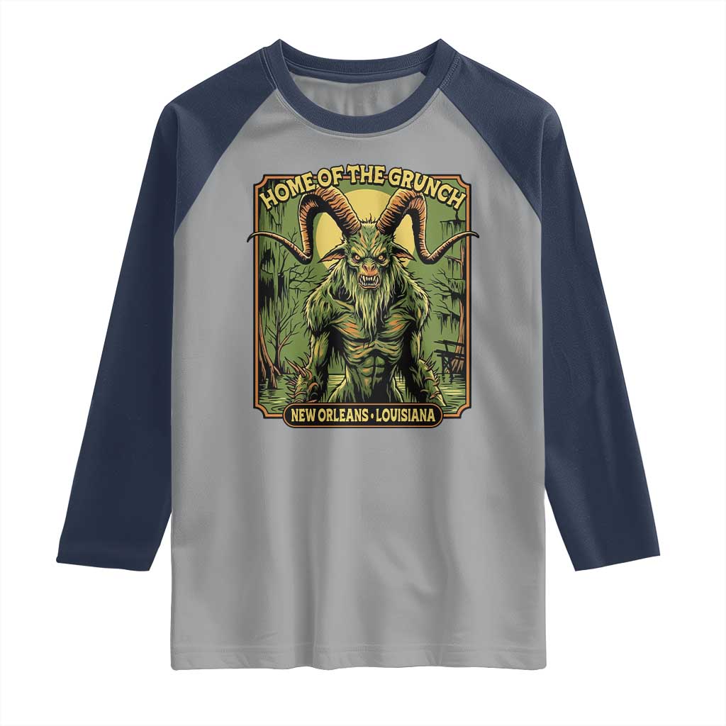 Grunch Road Monster Raglan Shirt Home Of The Grunch Nola Louisiana TS11 Sport Gray Navy Print Your Wear