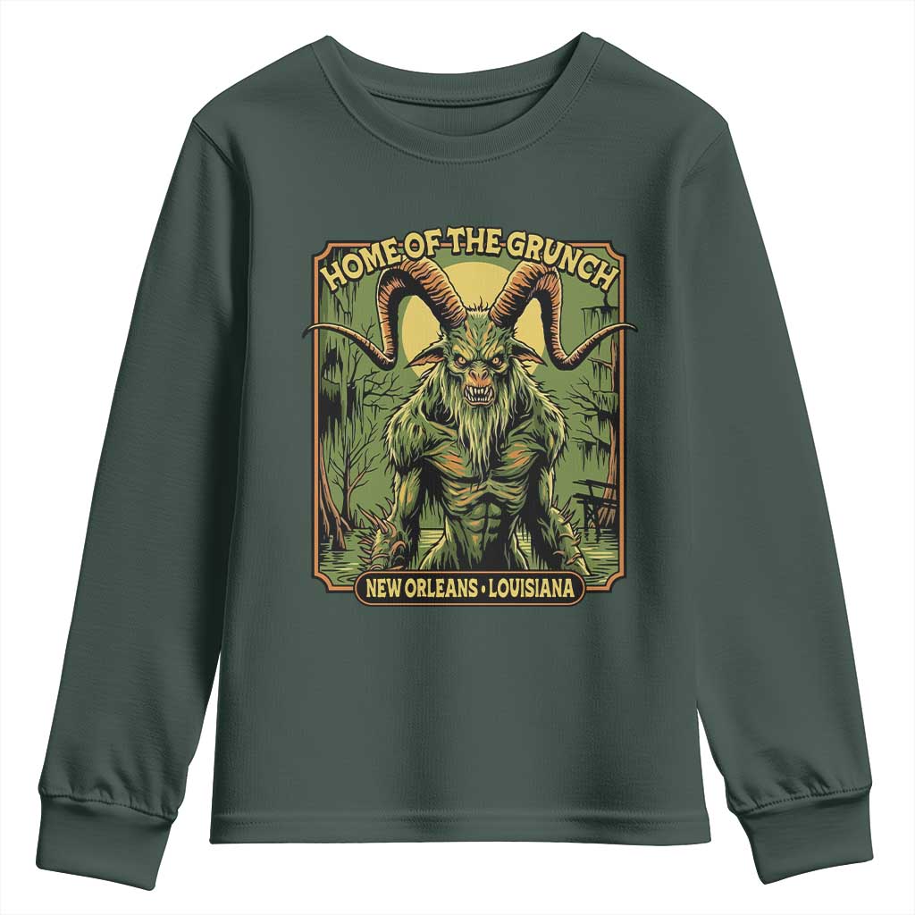 Grunch Road Monster Youth Sweatshirt Home Of The Grunch Nola Louisiana TS11 Dark Forest Green Print Your Wear