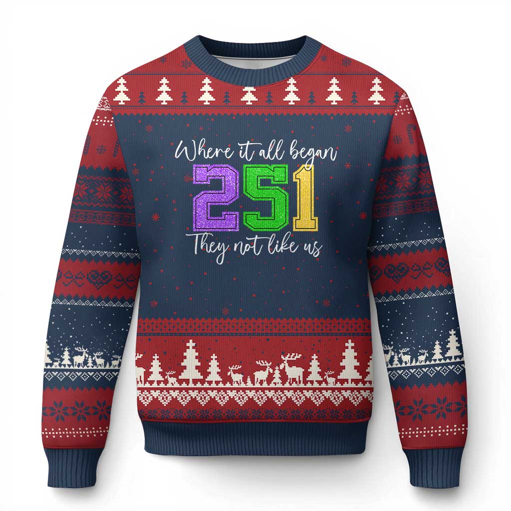 251 Mardi Gras Mobile Alabama Ugly Christmas Sweater Where It All Began Fat Tuesday Carnival Glitter Print TS11 Navy Red Print Your Wear