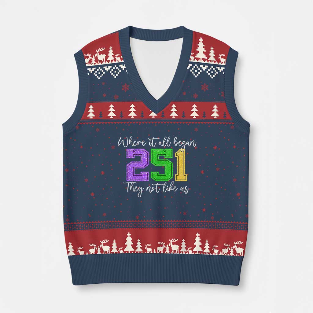 251 Mardi Gras Mobile Alabama V-Neck Knit Sweater Vest Where It All Began Fat Tuesday Carnival Glitter Print TS11 Navy Red Print Your Wear