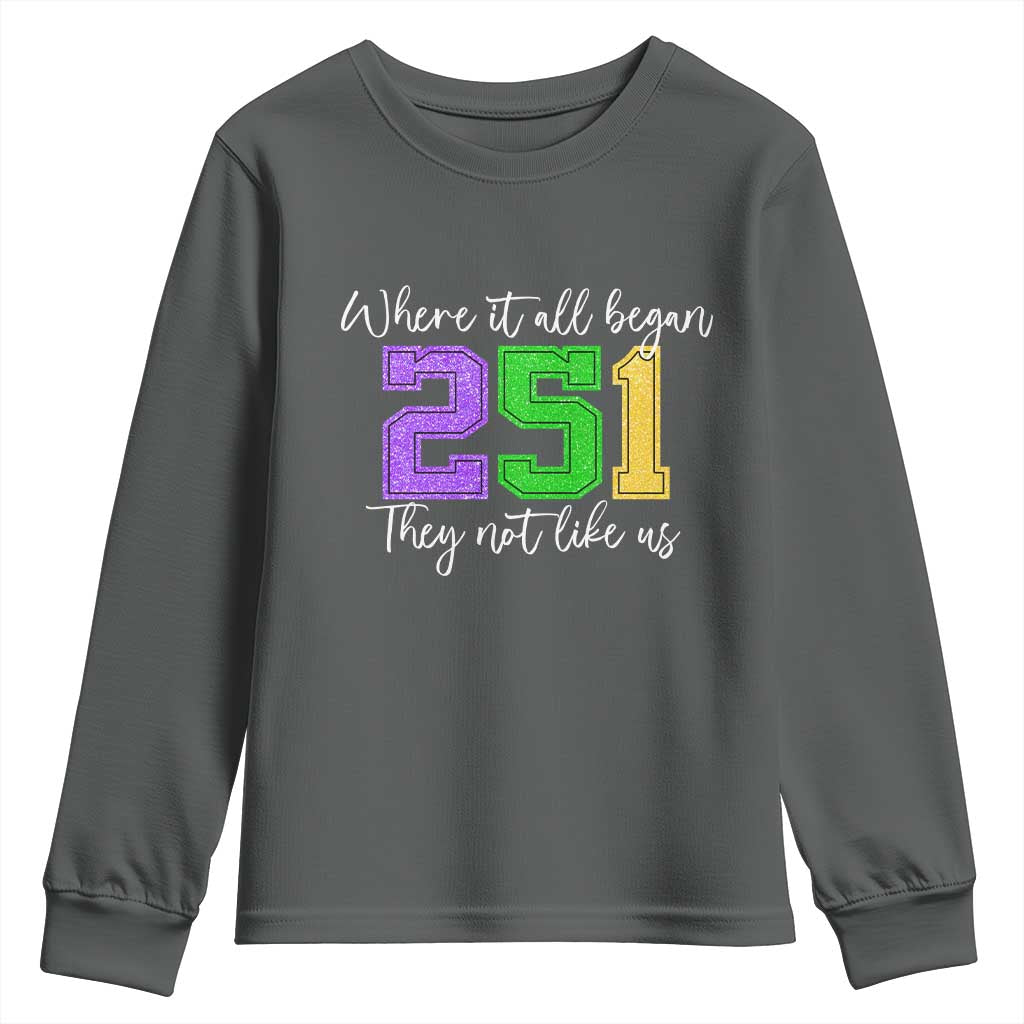 251 Mardi Gras Mobile Alabama Youth Sweatshirt Where It All Began Fat Tuesday Carnival Glitter Print TS11 Dark Heather Print Your Wear