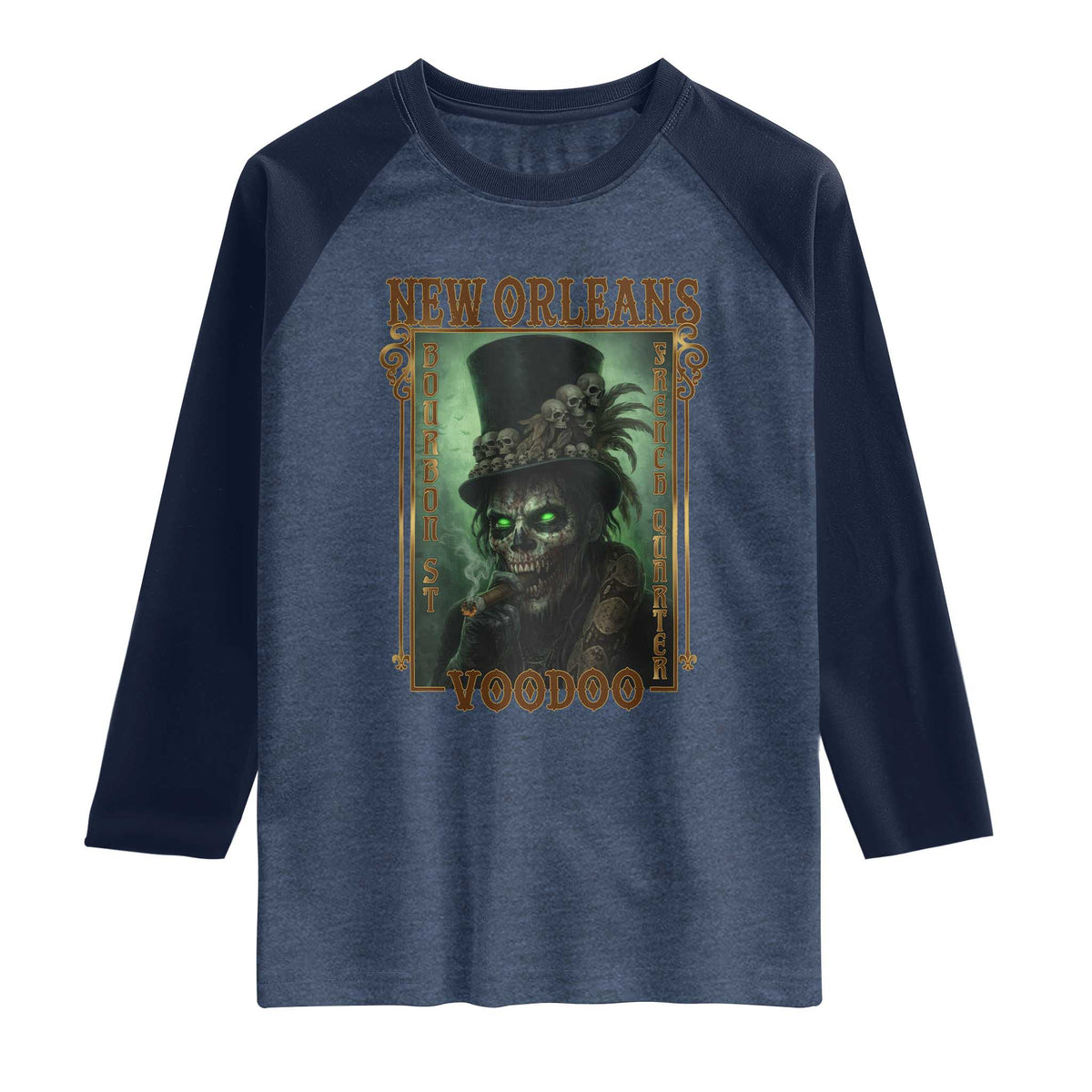 New Orleans Voodoo Raglan Shirt Bourbon Street French Quarter Creepy Occult Lover TS11 Heather Denim Navy Print Your Wear