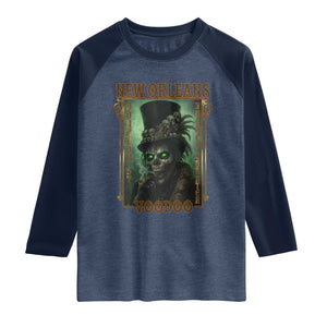 New Orleans Voodoo Raglan Shirt Bourbon Street French Quarter Creepy Occult Lover TS11 Heather Denim Navy Print Your Wear