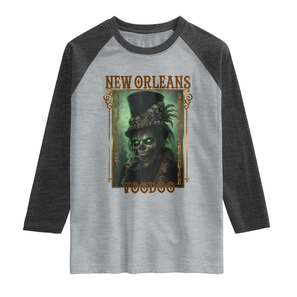 New Orleans Voodoo Raglan Shirt Bourbon Street French Quarter Creepy Occult Lover TS11 Heather Gray Heather Charcoal Print Your Wear