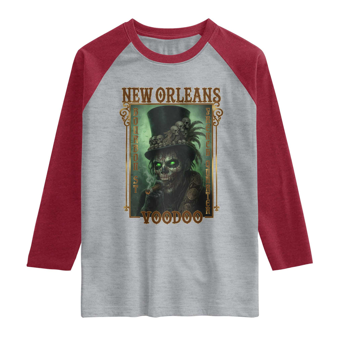 New Orleans Voodoo Raglan Shirt Bourbon Street French Quarter Creepy Occult Lover TS11 Heather Gray Heather Red Print Your Wear