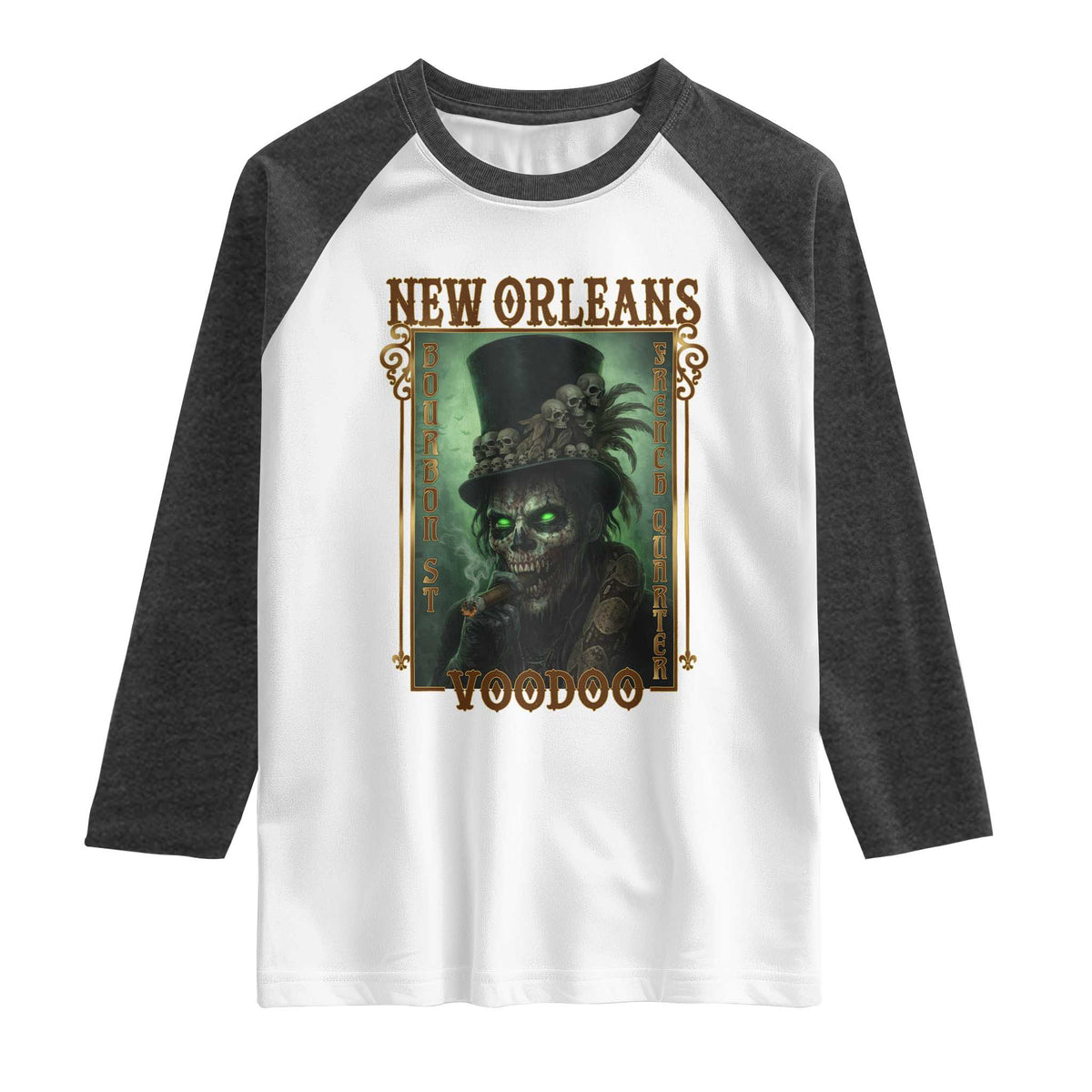 New Orleans Voodoo Raglan Shirt Bourbon Street French Quarter Creepy Occult Lover TS11 White Heather Charcoal Print Your Wear